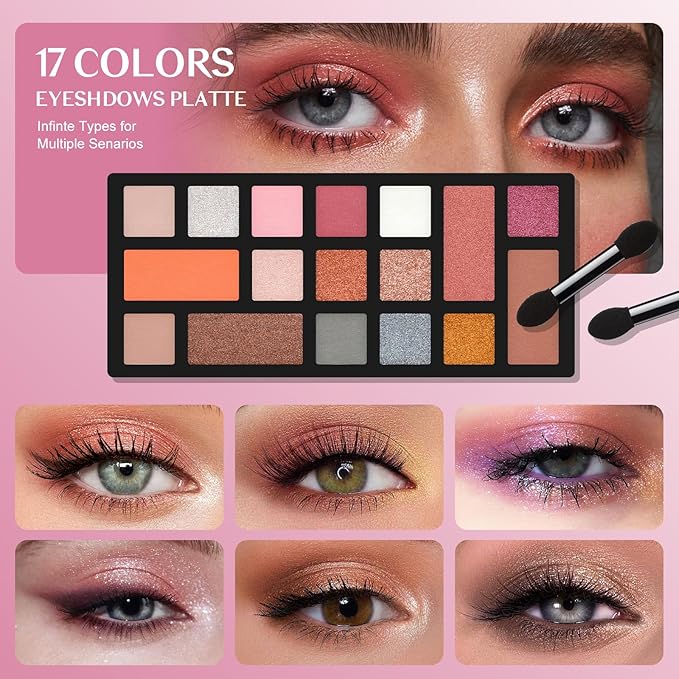 Color Nymph Beginner Makeup Kit For Teens, Girls Makeup kits With Recyclable And Key-Lockable Cabinet Included 17-Colors Eyeshadows Blushes Bronzer Highlighter Lipstick Brushes Mirror(Pink)