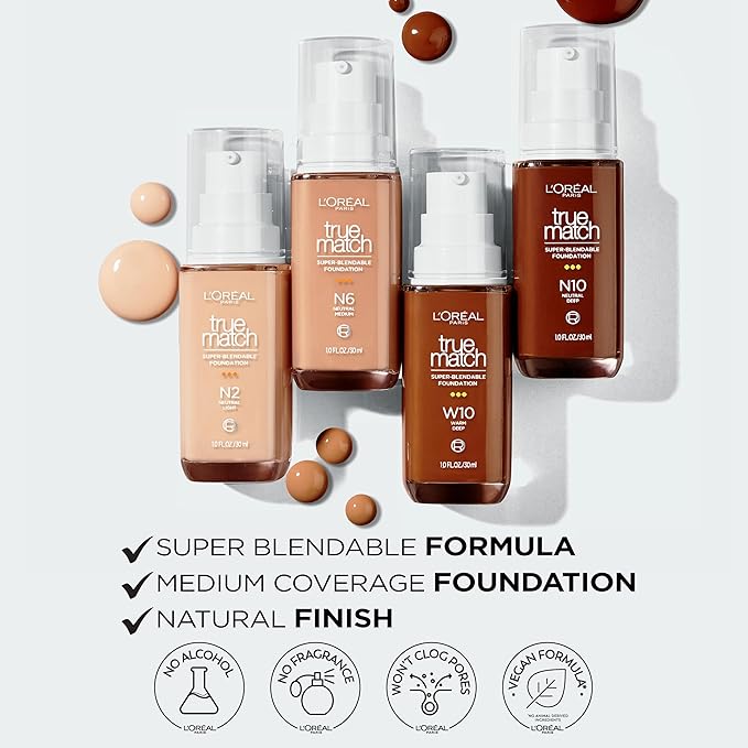 L'Oreal Paris True Match Super-Blendable Foundation, Medium Coverage Liquid Foundation Makeup, N6, Medium, 1 Fl Oz