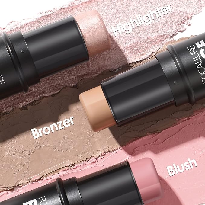 FOCALLURE 3 Pcs Cream Contour Sticks,Shades with Highlighter & Bronzer & Blush,Non-greasy Long-wear Face Contouring Pen,Easy to Sculpt the Face and Create a Lightweight Finishing Makeup,FAIR