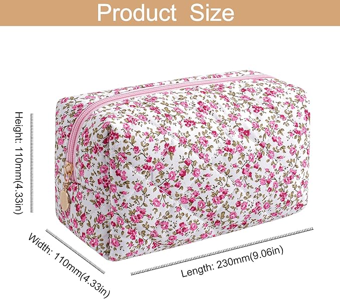 Makeup Bag Travel Cosmetic Bag for Women Girls, Zipper Make Up Pouch, Floral Flowers Toiletry Organizer Makeup, Portable Storage Cosmetic Travel Cloth Bag (Red-Floral)