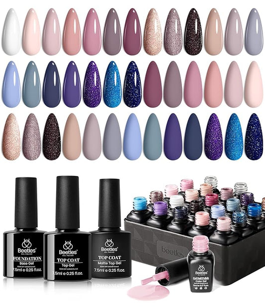 Beetles Gel Nail Polish Kit, 23Pcs Nude Pink Gel Polish White Gray Baby Blue Glitters Nail Polish Set with Glossy Matte Top Coat and Base Coat Fall Winter U V Soak Off Manicure Gift For Women