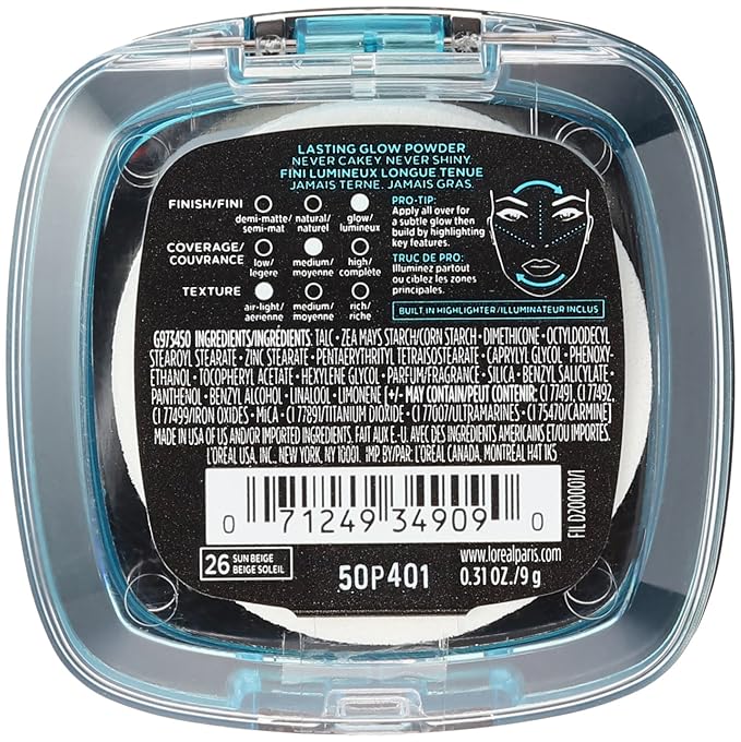 L'Oréal Paris Infallible Pro Glow Pressed Powder, Sun Beige, 0.31 oz.