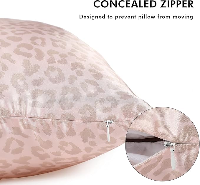 2 Pack Satin Pillowcase with Latent Zipper, Adjustable Satin Eye Mask for Sleeping and Satin Volume Scrunchie for Hair and Skin, Standard Size (Pink, Leopard Style)