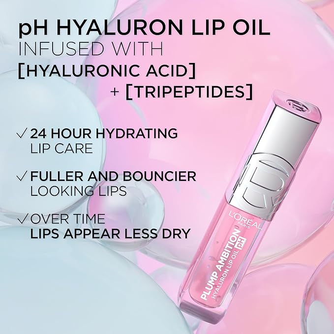 L'Oreal Paris Plump Ambition pH Hyaluron Lip Oil, Color Shifting Lip Tint with 24HR Hydration, Volumizing Shine and Lasting Color, 020 pH Rosé
