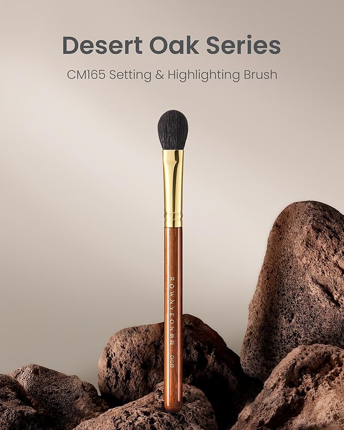 Desert Oak Series Highlighter & Setting Brush - Grade-A Fine LambsGoat Hair for Airbrushed Finish, Multi-Use for Cheeks/Nose/Under-Eyes, Ebana Handle & Brass Ferrule (CM 165)