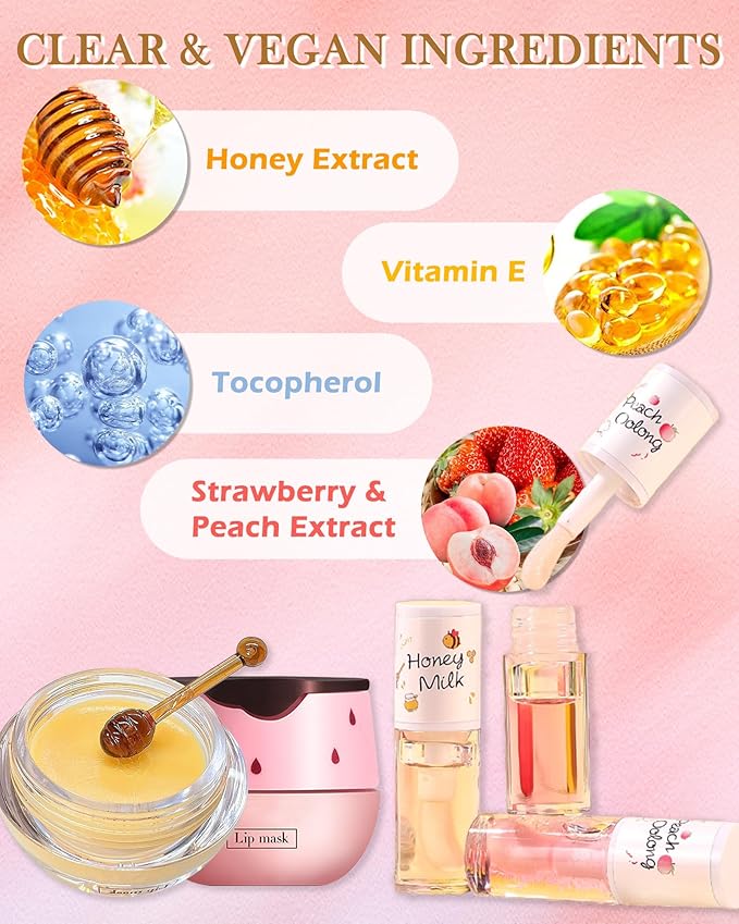 2Pcs Watermelon Lip Balm Honey Pot Lip Mask & Lip Glowy Oil Lip Care Set, Propolis Moisturizing & Nourish Hydrating Lip Gloss Repair, Reduce Lip Line & Plump Dry Cracked Lip Scrub Exfoliator -Set C