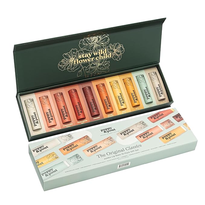 Jumbo Lip Balm Gift Set (10-Pack) | Poppy & Pout All Natural Lip Balms & Moisturizers | Hydrates with Beeswax, Vitamin E, Organic Coconut Oil | Cruelty-Free | Lip Balm in Recyclable Cardboard Tube