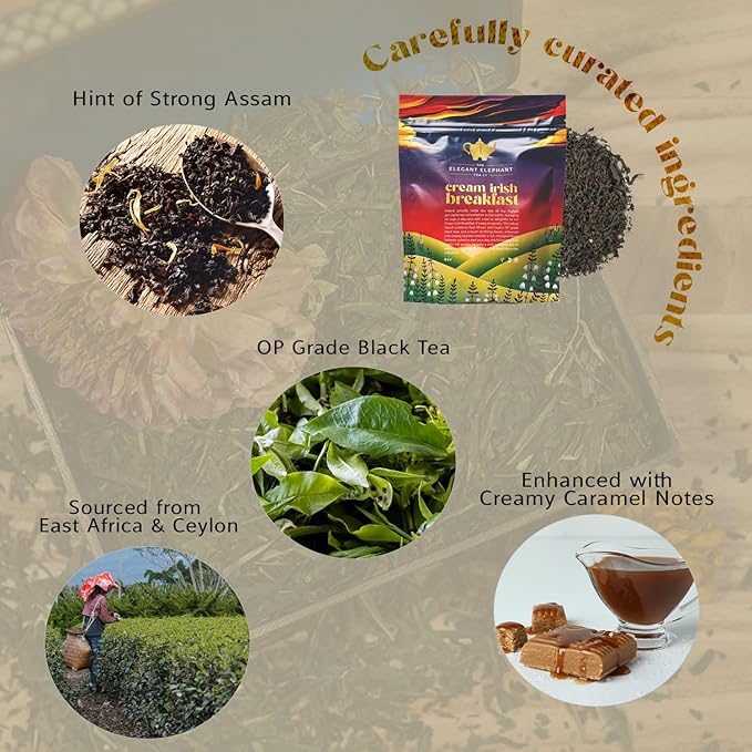 Cream Irish Breakfast Tea, Loose Leaf Black Tea – Irish Classic with Caramel & Strong Assam – Robust, Full-Bodied – Drink Hot or Iced – 4 oz Resealable Bag (Makes 50 Cups) – The Elegant Elephant