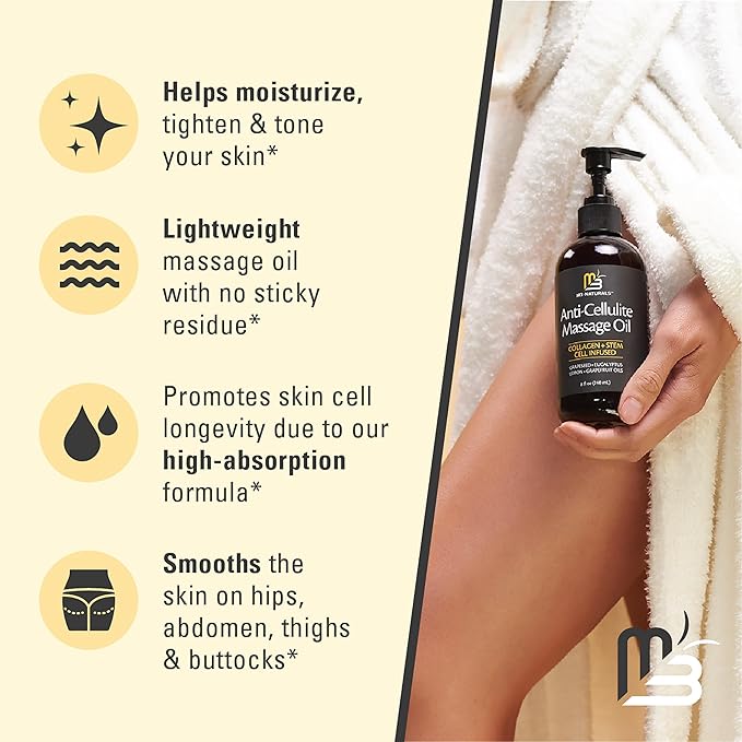 M3 Naturals Firming Body Massage Oil with Collagen & Stem Cell – Helps Smooth The Appearance of Cellulite & Improve Skin Texture – Refreshing Aromatherapy Body Oil for Legs & Full Body – 8 Fl Oz