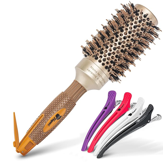 Fagaci Professional Round Brush with Natural Boar Bristle for Blow Drying, Nano Technology Ceramic + Ionic for Voluminous Healthy Hair Styling | Includes 4 Styling Clips