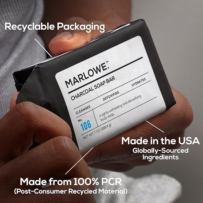 MARLOWE. No. 106 Charcoal Soap 7 oz, Body Bar Soap for Men, Cleansing, Purifying & Hydrating with Natural Extracts, Shea Butter, Olive Oil & Green Tea Extracts, Fresh Woodsy Scent