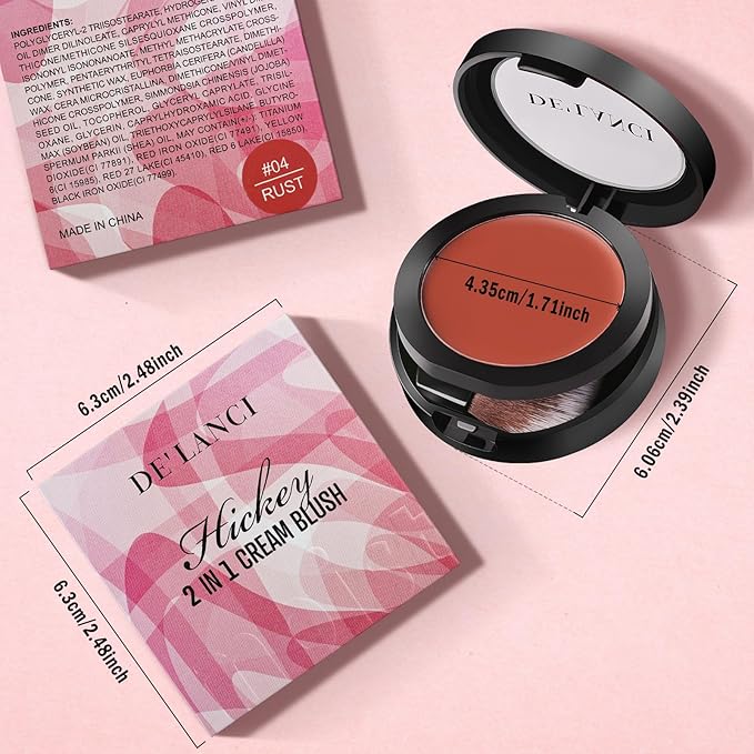 DE'LANCI 2 In 1 Cream Blush for Cheeks & Lips & Eyeshadow in a Waterproof Smooth Moisturizing Creamy Formula, Buildable Lightweight Red Blush Balm with Built-in Brush and Mirror, Easy to Use, Rust