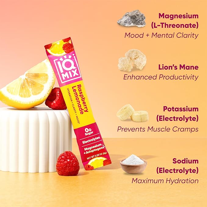 IQMIX Hydration Electrolyte Powder – 4-in-1 Formula for Hydration, Mental Clarity, Mood and Recovery – Sugar-Free Drink Mix, Keto, Magnesium L-Threonate, Lion’s Mane – 20 Count New Raspberry Lemonade