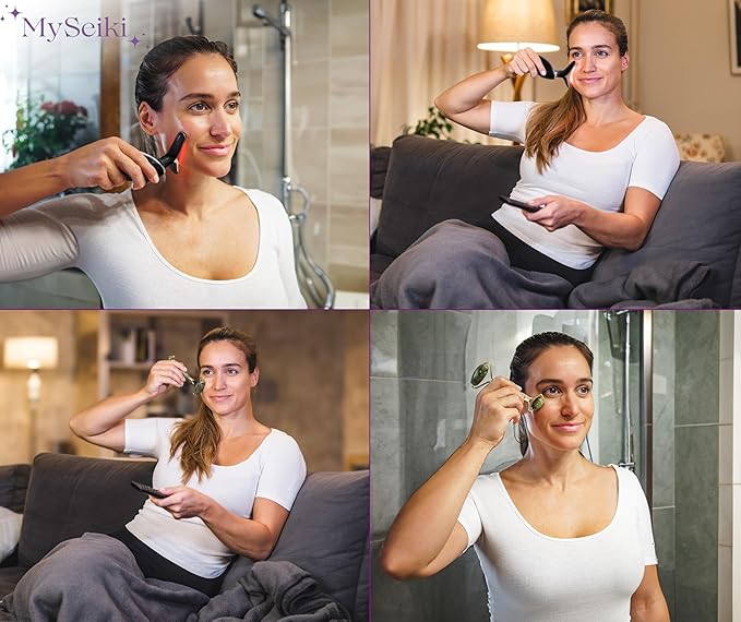 7 LED Light Beauty Tool – Face and Neck Massager with Jade Roller, Case, Black