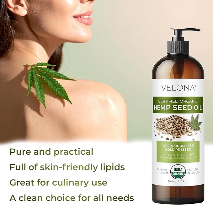velona Hemp Seed Oil USDA Certified Organic - 16 Fl Oz | 100% Pure and Natural Carrier Oil | Unrefined, Cold Pressed | Hair, Body, Face & Skin Care