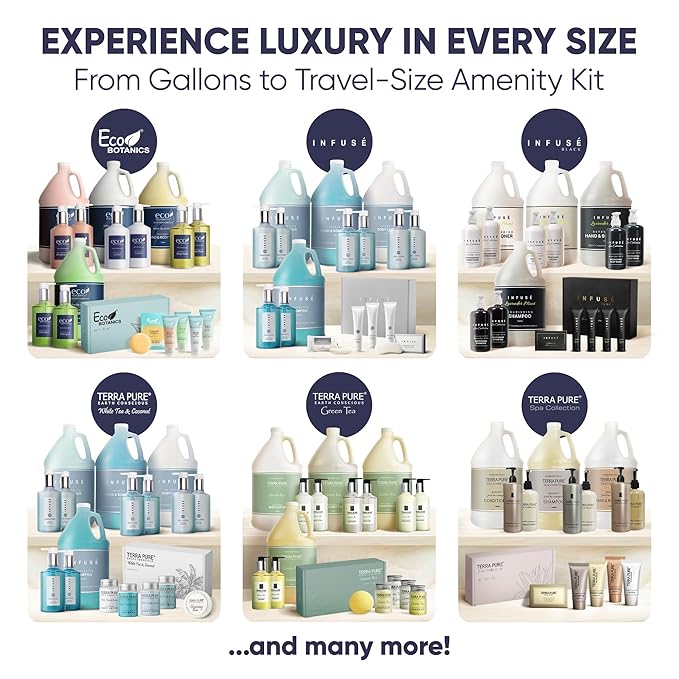 Eco Botanics Amenity Kit | Boxed Hotel Toiletries | Bulk Set 0.85 oz Travel Size Shampoo, Conditioner, Lotion, Body Wash & Body Bar Soap for Guest Hospitality AirBnB/Vacation Rentals | 1 set per case