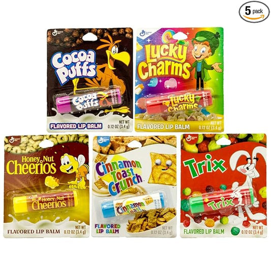 Cereal Flavored Lip Balm Set (5 Pack) Cocoa Puffs, Lucky Charms, Honey Nut Cheerios, Cinnamon Toast Crunch, and Trix