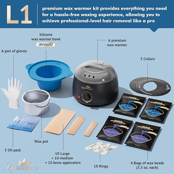 Lifestance Complete Home Waxing Kit, L1 Hard Wax Warmer for Hair Removal, Brazilian Bikini Wax Kit for Women Men, 59 Items, No-Mess Silicone Liner, Wax Heater, Hot Wax Pot for Body Leg Face Eyebrow