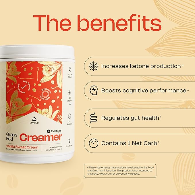 LevelUp Creamer, with Energizing MCT Oil and Collagen Peptides, Keto Coffee Creamer, Supports Natural Energy & Ketone Production - Vanilla Sweet Cream, 22.5 oz