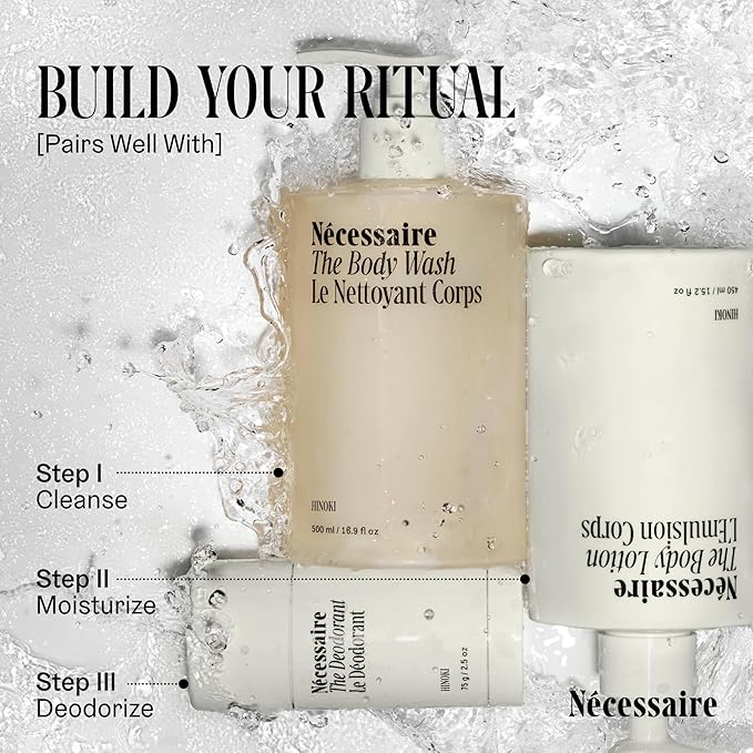 Nécessaire The Body Wash Hinoki. Natural Body Wash for Women & Men, Softening Shower Gel with Gentle Exfoliating Acids AHA/BHA/PHA. Gel Cleanse,16.9 fl oz