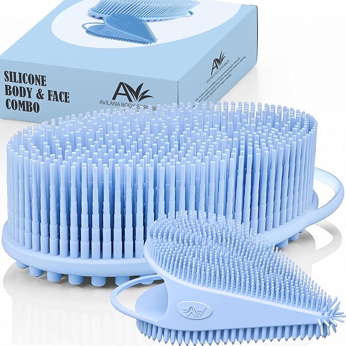 Avilana Silicone Body Scrubber – Gentle Shower Brush & Loofah Alternative- Food Grade & Lab Tested – Fast-Drying, Hygienic, BPA-Free Silicone Body Gentle Exfoliator (Blue, Body & Face)