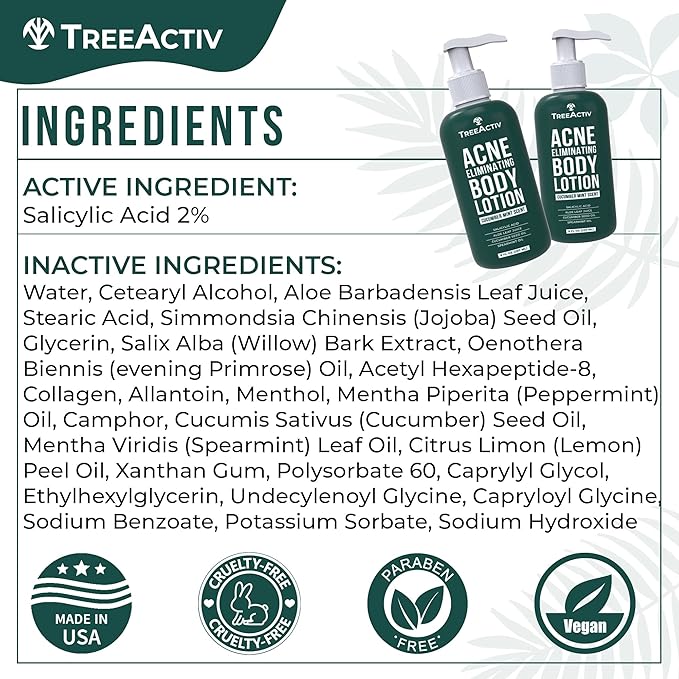 TreeActiv Acne Eliminating Body Lotion 8 fl oz | Clears Body, Back, Butt and Shoulder Acne | Anti-Acne Moisturizer | Prevents Future Breakouts | Cucumber Mint Scent
