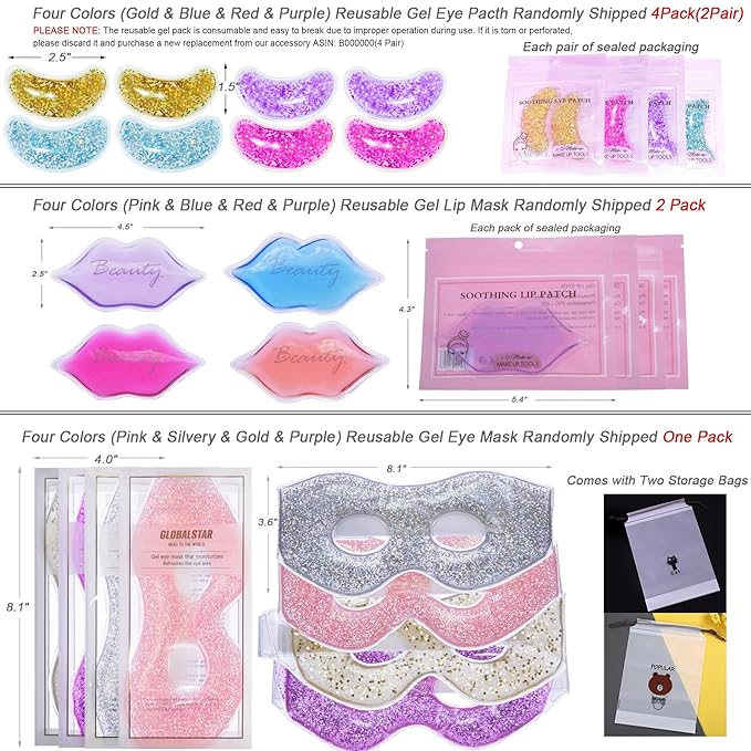 Ice Under Eye Patches Eye Mask Lip Care Gel Pads Treatment Mask Lip Mask, Cooling Eye Lip Gel Masks Cold Hot Therapy for Wrinkles Firming Swelling Cosmetic Bruising Reusable 7 Pack