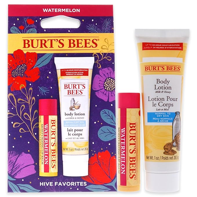 Burts Bees Hive Favorites Kit - Watermelon Unisex -0.15oz Watermelo Lip Balm, 1oz Body Lotion with Milk and Honey 2 Pc,White