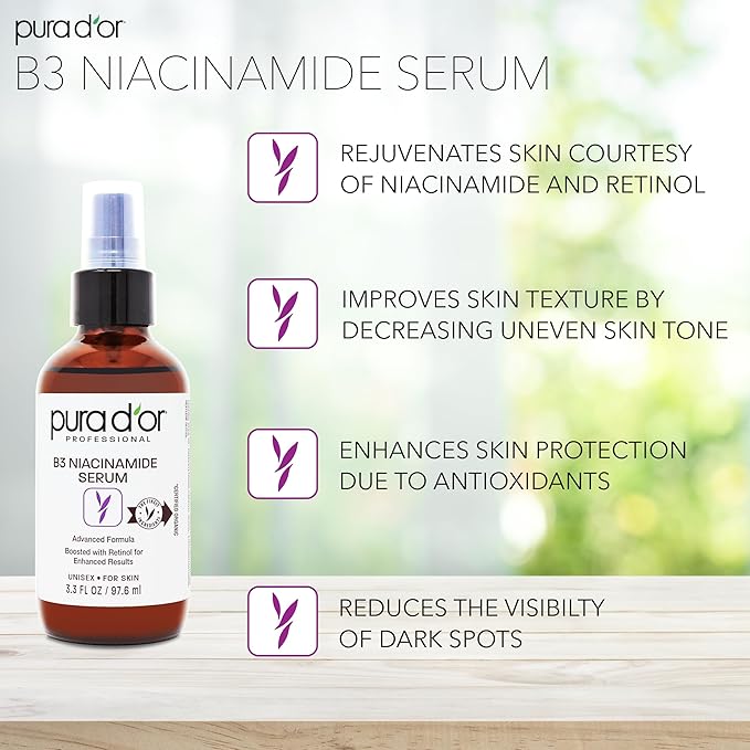 PURA D'OR 3.3 Oz B3 Niacinamide Advanced Facial Serum - Skin Care Formula with Retinol For Wrinkles, Hydration & Radiant Complexion - All Skin Types, Hypoallergenic - Women & Men