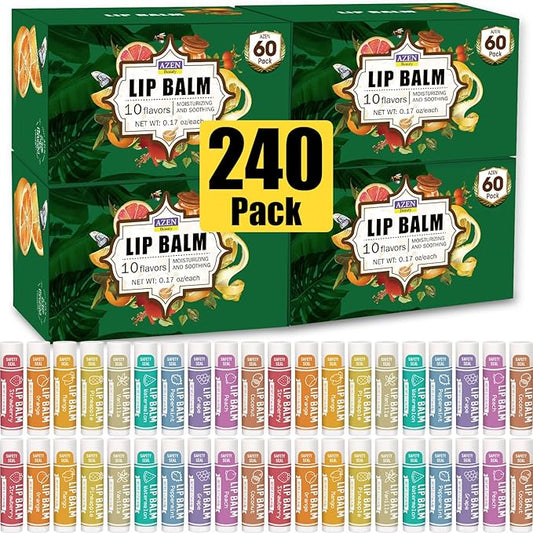 AZEN 240 Pack Lip Balm, Natural Lip Balm Bulk, Lip Care Product, Moisturizing Lip Balm for dry cracked lips - 10 Flavors