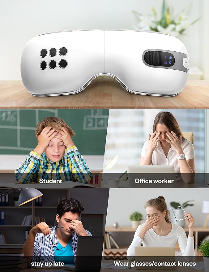 Eye Massager with Heat and Cooling for Migraines, Dry Eyes, Dark Circles, Rechargeable Bluetooth Music Cold Heated Eye Massager Improve Sleeping - Gifts for Women and Men (White)