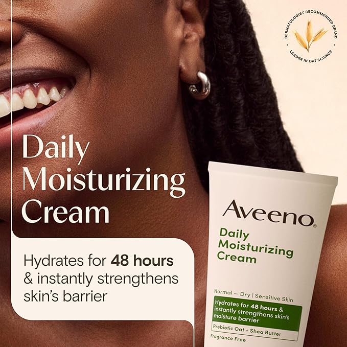 Aveeno Daily Moisturizing Cream with Prebiotic Oat & Shea Butter, Body, Face & Hand Cream for Normal to Dry, Sensitive Skin Hydrates for 48 Hours, Fragrance Free & Non-Comedogenic, 7.5 oz
