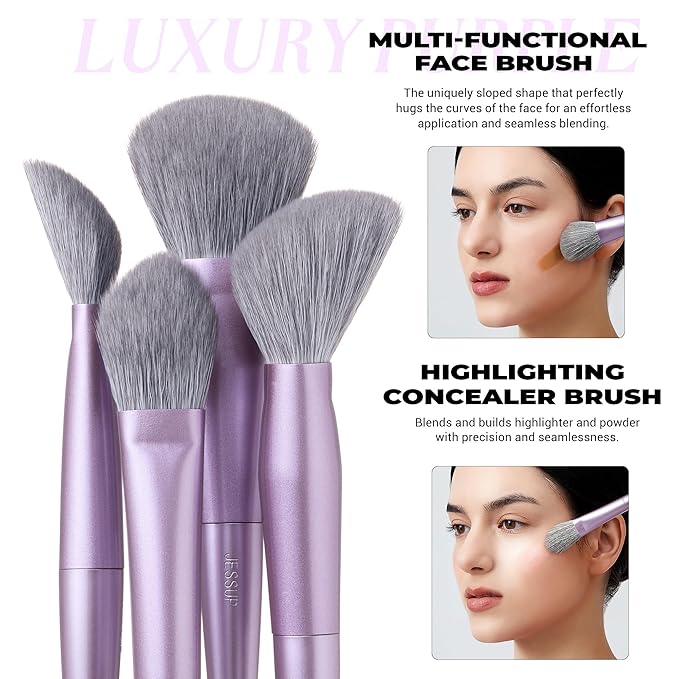 Jessup Makeup Brushes Face 5pcs, Premium Synthetic Make Up Brushes Set for Foundation Contour Blush Highlighter and Powder, Luxury Purple T514