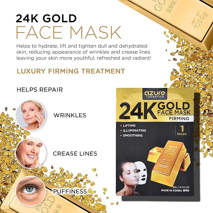 Azure Cosmetics 24K Gold Firming Face Mask- Anti Aging, Hydrating, Toning & Firming Facial Mask - Helps Reduce Wrinkles & Fine Lines with Hyaluronic Acid & Collagen - Made in Korea - Pack of 5