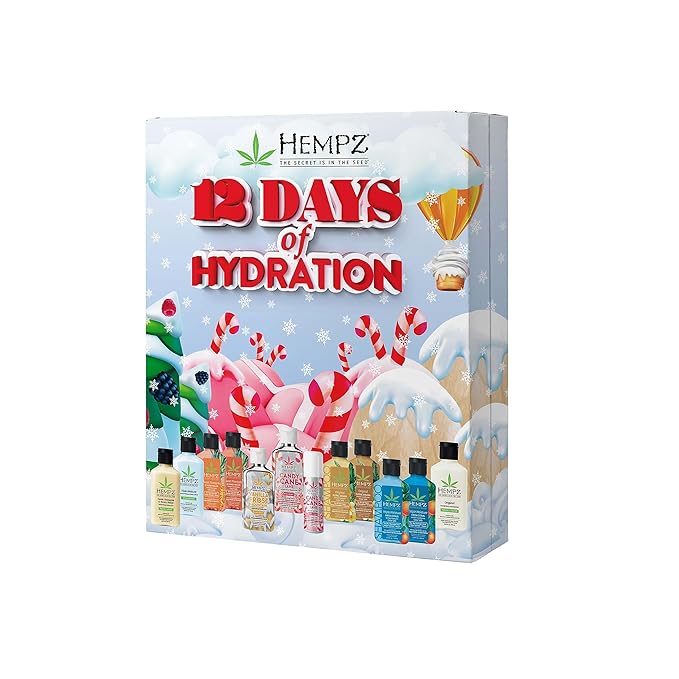 Hempz Twelve Days of Hydration Skin Care Gift Set (12-pack) - Candy Cane Moisturizer & Lip Balm, Vanilla Moisturizer, Pineapple & Melon, Original, & Triple Moisture Shampoo, Conditioner & Moisturizer