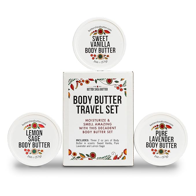Body Butter Variety Pack | with Organic Shea Butter and Jojoba Oil | Lemon Sage, Lavender, Sweet Vanilla | Body Butter Minis | Trio of Travel Size Lotion | 3 x 2oz Jars