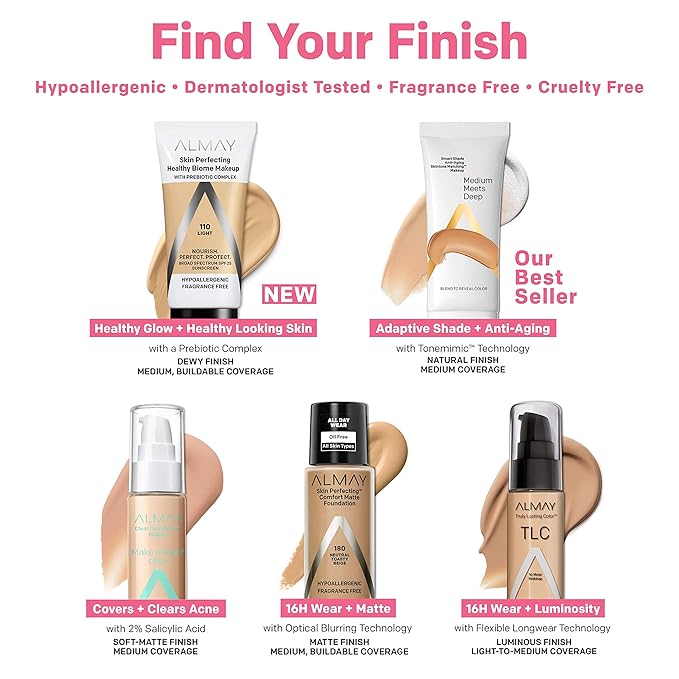 Almay Skin Perfecting Healthy Biome Foundation Makeup with Prebiotic Complex SPF 25, Hypoallergenic, -Fragrance Free, 150 Tan, 1 fl. oz.