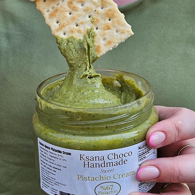 Ksana Choco Pistachio Cream – 67% Turkish Pistachios, 12.3 oz – Palm Oil Free, Handmade Spread – With Free Roasted Kadayif – Perfect for Dubai Chocolate