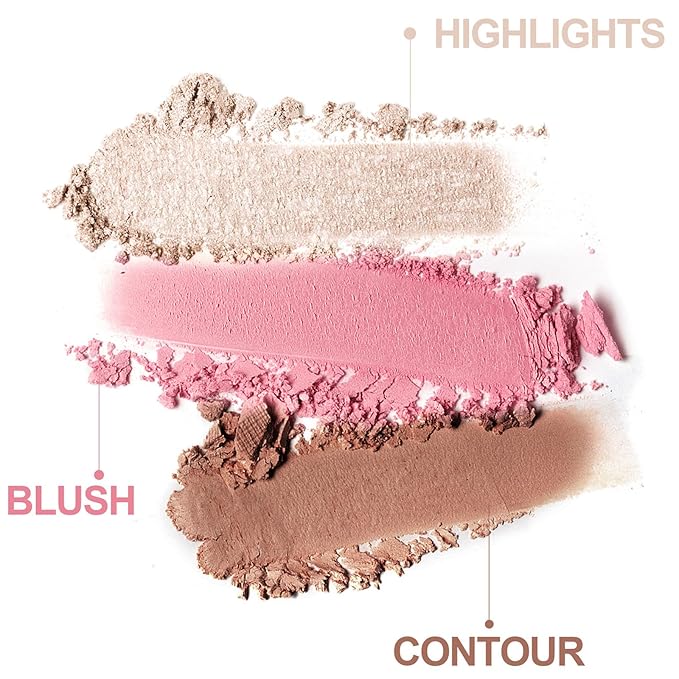 3-in-1 Blendable Trio, Contour and Highlight Blush Makeup Palette, Cream Bronzer, Silky Smooth Powder Blush, Shimmer Highlighter Makeup Powder, Pink Brown Eyeshadow Palette with Mirror(03)