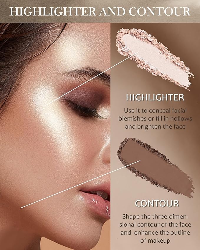 Face Contour Glitter Highlighter Powder Palette-2 in 1 Cruelty-Free Matte Bronzer Powder,Shimmer Illuminator Highlighters for a Glowing Look,Blendable Makeup Palette,Valentine's Day Gift for Women-01