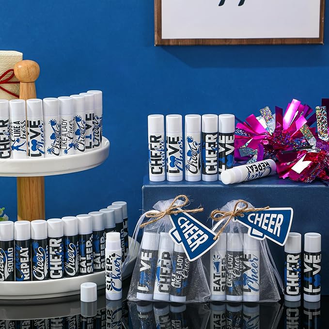 50 Sets Cheer Gifts Bulk 50 Cheer Lip Balm Bulk Moisturizing with 50 Organza Drawstring Gift Bags 50 Tags Cheerleader Gifts Cheer Gifts Bulk for Team (Blue)