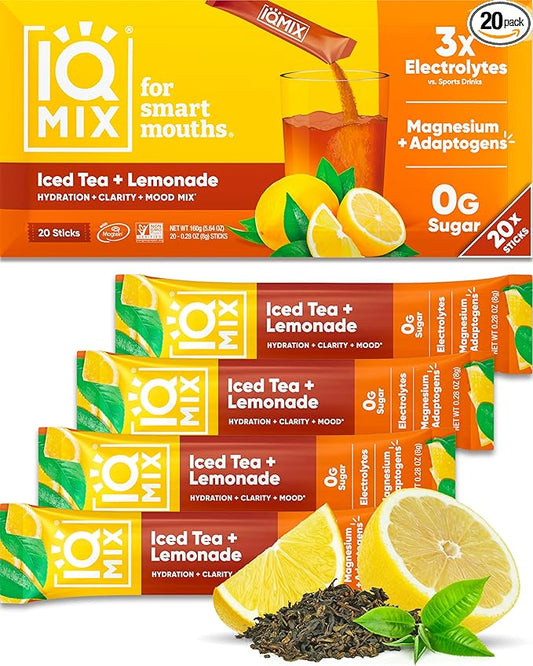 IQMIX Hydration Electrolyte Powder – 4-in-1 Formula for Hydration, Mental Clarity, Mood and Recovery – Sugar-Free Drink Mix, Keto, Magnesium L-Threonate, Lion’s Mane – 20 Count New Iced Tea Lemonade