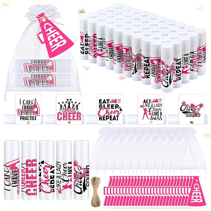 50 Sets Cheer Gifts Bulk 50 Cheer Lip Balm Bulk Moisturizing with 50 Organza Drawstring Gift Bags 50 tags Cheerleader Gifts Cheer Gifts Bulk for Team (Pink)