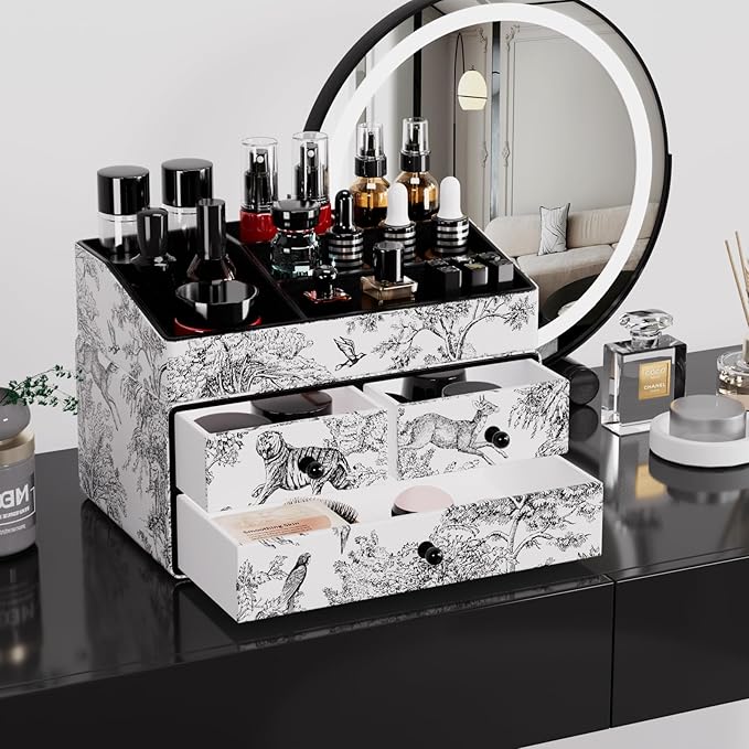 GORESE Leather Makeup Organizer with 3 Drawers for Vanity, Stackable Skincare Holder Dresser Organizer Countertop, Make Up Storage Organizers Counter Cosmetic Display Case Gift for Women(Retro Black)