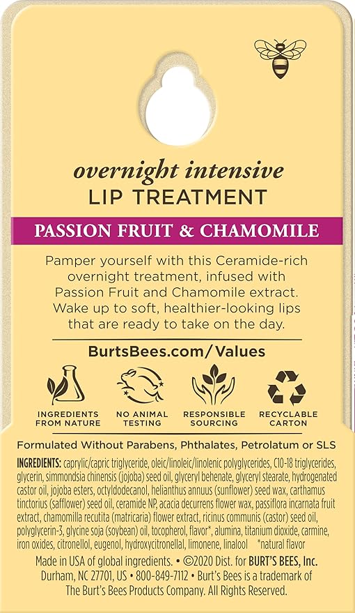 Burt's Bees Overnight Lip Sleeping Mask, 0.25 oz - Moisturizing, Hydrating, Exfoliating, Reduces Fine Lines, Ceramide Infused, Passionfruit Scent