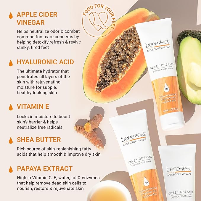 Benefeet Sweet Dreams Overnight Foot Repair - Night Cream for Detox, Moisturize & Soften Dry Cracked Skin, With Apple Cider Vinegar, Turmeric & Borage Oil, 4oz (3 Pack)