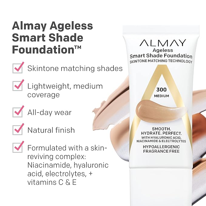 Almay Anti-Aging Foundation, Smart Shade Face Makeup with Hyaluronic Acid, Niacinamide, Vitamin C & E, Hypoallergenic-Fragrance Free, 800 Deep, 1 Fl Oz (Pack of 1)