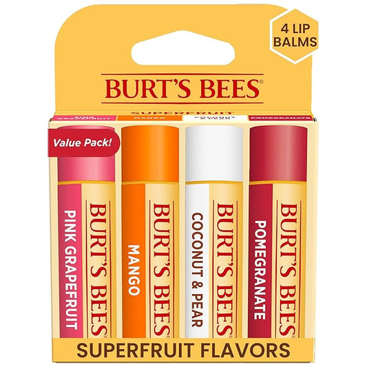 Burt's Bees Lip Balm - Pink Grapefruit, Mango, Coconut & Pear, and Pomegranate Pack, Lip Moisturizer With Beeswax, Tint-Free, Natural Origin Conditioning Lip Treatment, 4 Tubes, 0.15 oz.