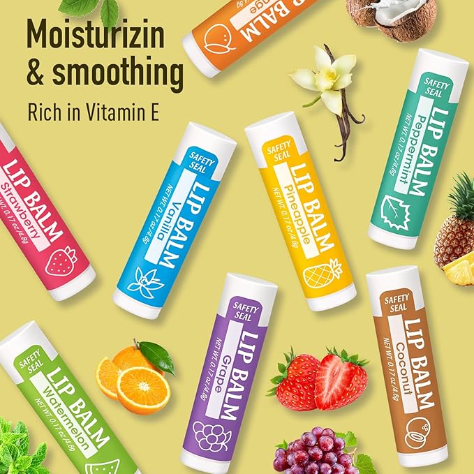 32 Pack Lip Balm, Natural Lip Balm Bulk with Vitamin E and Coconut Oil, Moisturizing Lip Balm for Dry Cracked Lips, Lip Balm for Stocking Stuffers - 8 Flavors