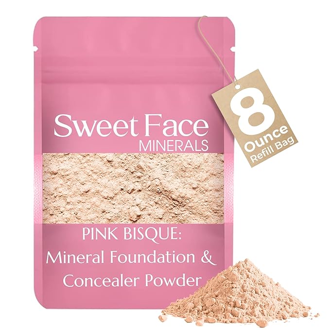 Foundation Powder Refill (Pink Bisque)(8 Ounce Bag) By Sweet Face Minerals, Lightweight Mineral Loose Makeup Powder with SPF 20, Full Coverage Flawless Finish, Talc-free, Cruelty-Free, Refill Pouch